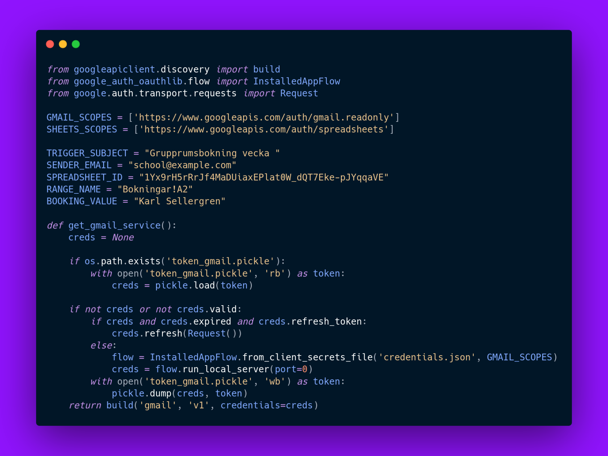 Using Gmail & Google Sheets API to create a conference room booking bot